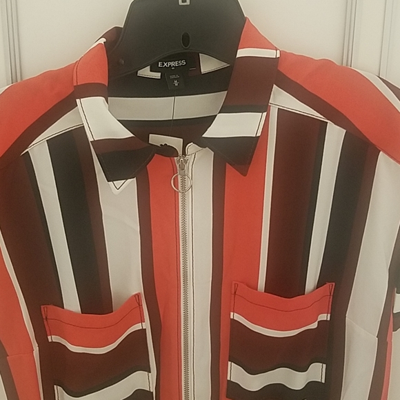 Express Coral stripe roll sleeve zipper dress - Picture 2 of 7